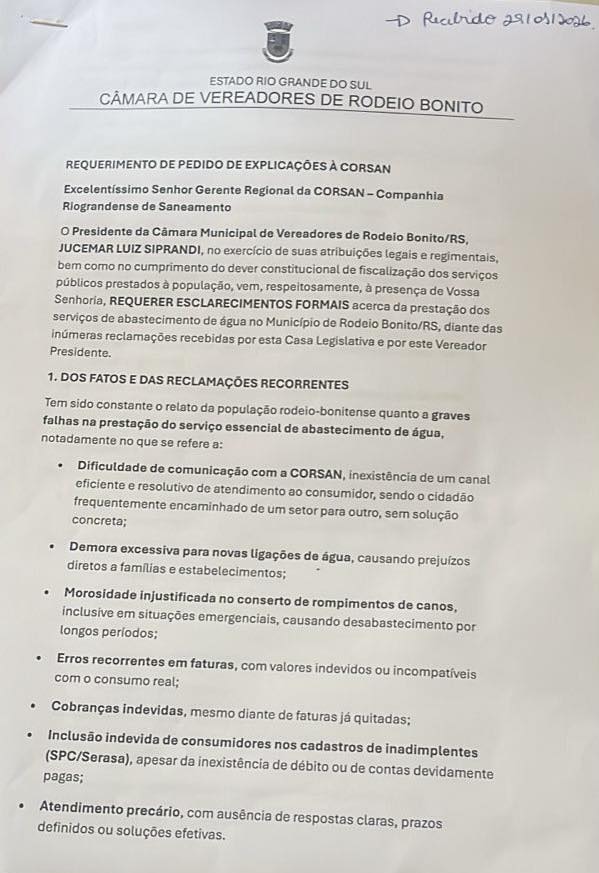ÁGUA: Câmara de Vereadores entrega requerimento de pedido de explicações à CORSAN